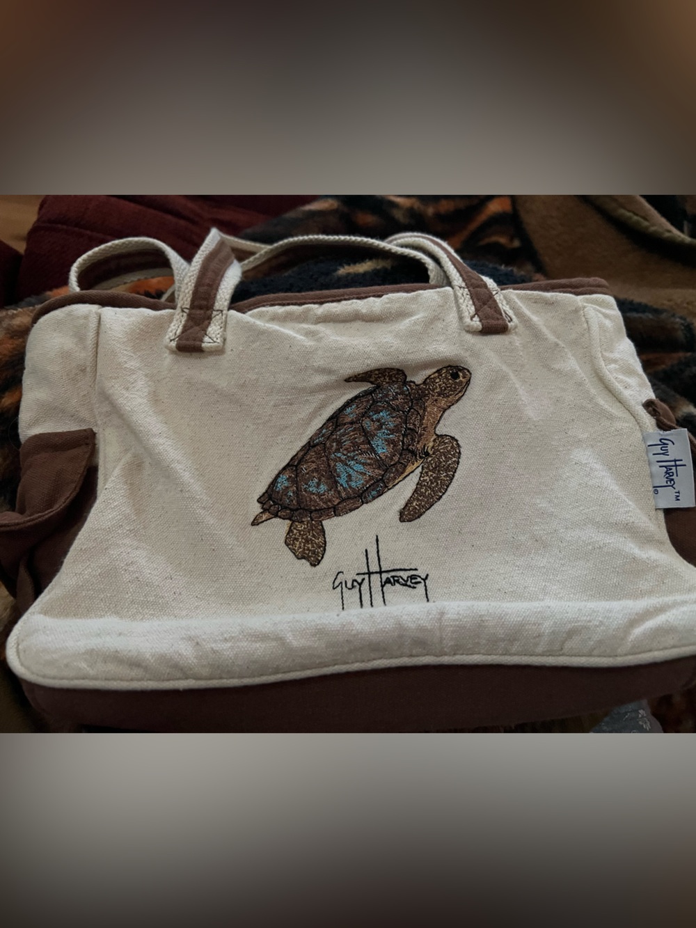 Guy Harvey Cream Canvas Tote with Brown Trim and Turtle Motif